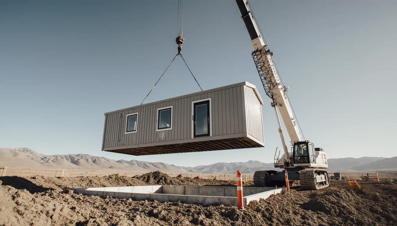A modular home module being crane-set onto its foundation
